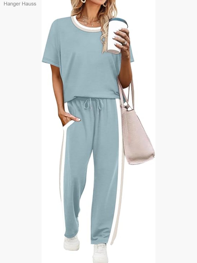 2 Piece Lounge Set For Women - Short Sleeve Top, Wide Leg Pants With Pockets,